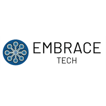 A circular blue icon with interconnected nodes and the words “Embrace Tech”.